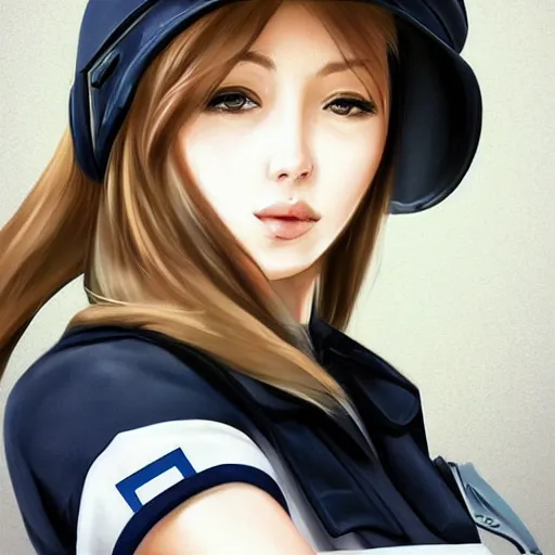 Prompt: a beautiful woman wearing police uniform, blonde, long hair, pixiv, hyperrealistic