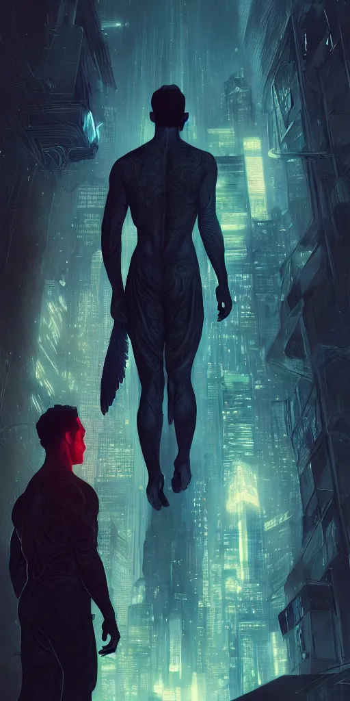 Image similar to altered carbon, angel protecting man, detailed intricate illustration, dark atmosphere, detailed illustration, hd, 4 k, digital art, overdetailed art, by greg rutkowski, by loish, complementing colors, trending on artstation, deviantart