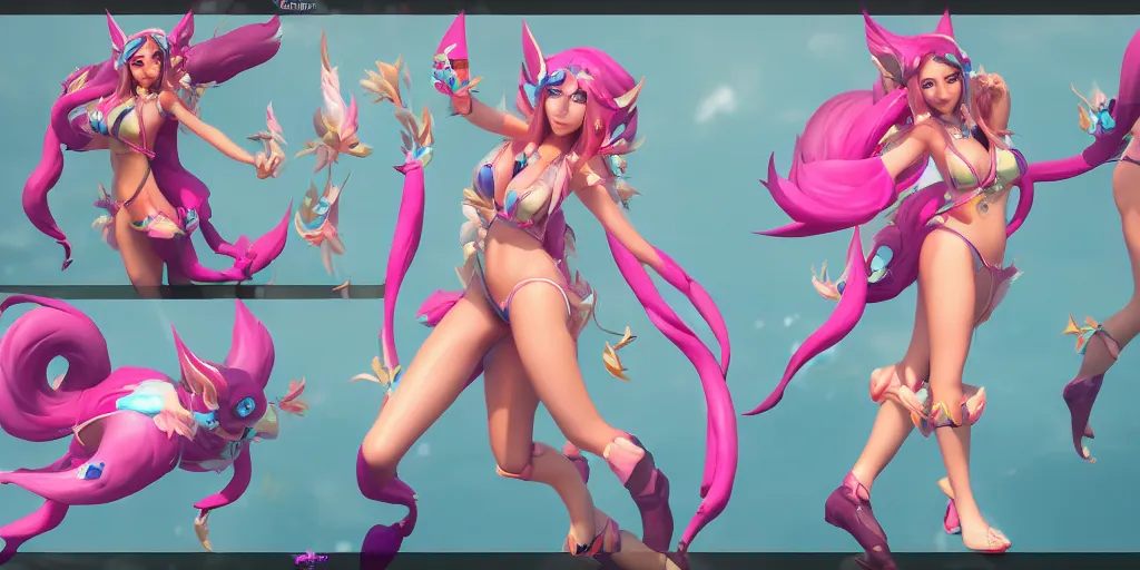 Image similar to Character sheet of gorgeous pool party ahri (League of Legends). 3d octane render trending on artstation