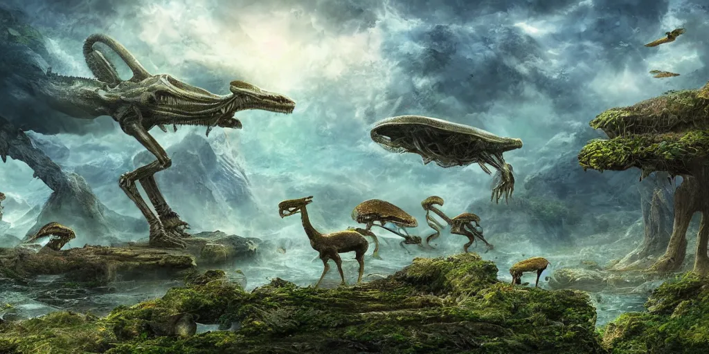 Image similar to landscape image with various different alien animals, extremely detailed digital matte painting