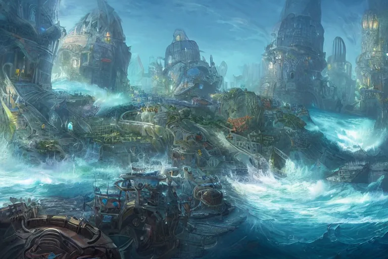 Prompt: concept art of a city walking through ocean, hyperdetailed, epic, beautiful, by Tyler Edlin