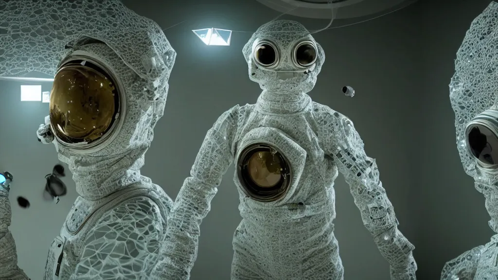 Image similar to a single astronaut eva suit made of diamond 3d fractal lace iridescent bubble 3d skin and covered with insectoid compound eye camera lenses floats through the living room, film still from the movie directed by Denis Villeneuve with art direction by Salvador Dalí, wide lens,