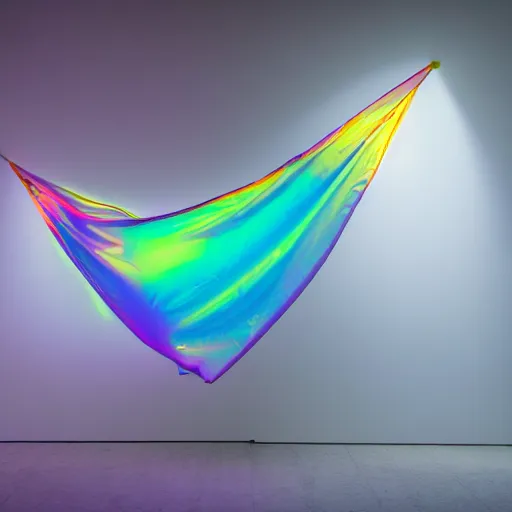 Prompt: an ultra high definition professional studio quality photograph of a transparent iridescent perspex pastel coloured inflatable abstract parachute coat in an empty white room. dramatic lighting, ray tracing, refraction, shallow d. o. f, colour corrected, golden ratio, three point light. volumetric shadows. god rays.