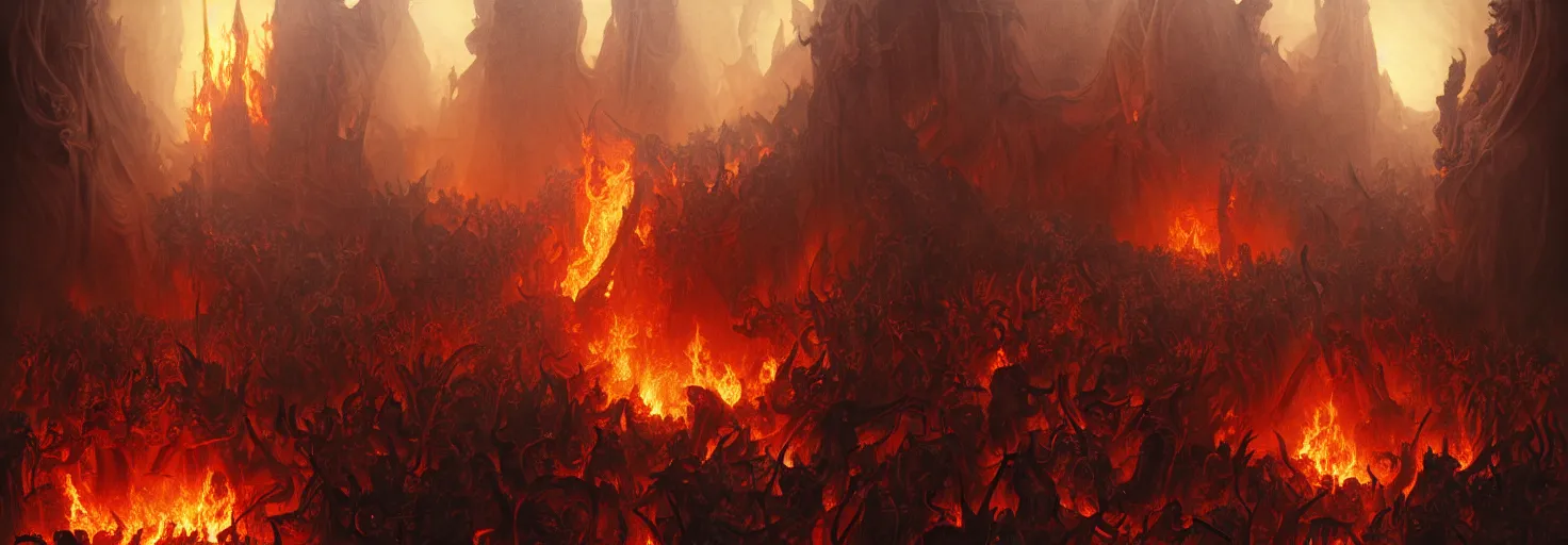 Image similar to Purgatory, fire in hell. A crowd of sinful people is burning in hell in hellfire. The gateway to the infernal underworld. Devils demons and ghouls torment sinful people, highly detailed, digital painting, artstation, concept art, smooth, sharp focus, illustration, art by artgerm and greg rutkowski and alphonse mucha