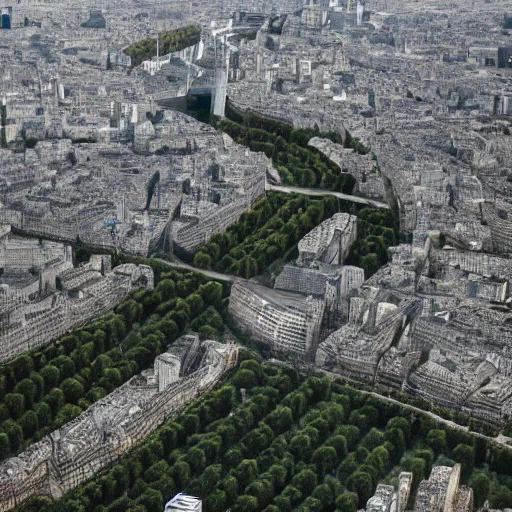 Image similar to an aerial shot of a post - apocalyptical paris overtaken by vegetation