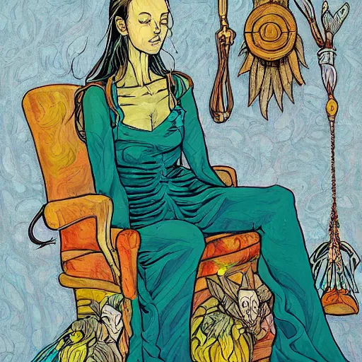 Prompt: acrylic painting, art in the style of Terry Moore, Moebius and Mohrbacher, a portrait of an elder fairy asleep on a chair, her wand and accessories beside her.