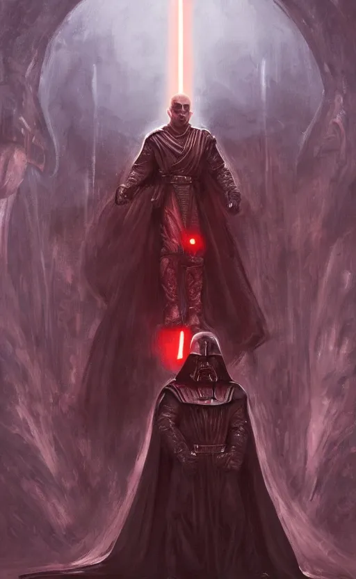 Image similar to « a beautiful painting of darth bane creating a rule of two in an ancient sith temple stylized as a catholic church, very realistic, trendin on artstation »