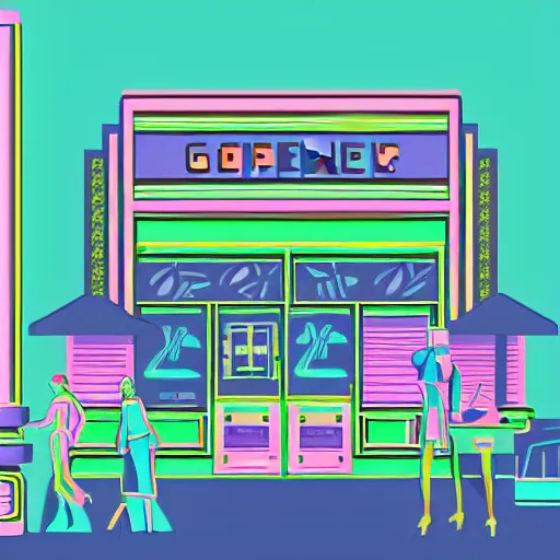 Image similar to art deco vaporwave illustration of a gaming store in a mall in pastel colors