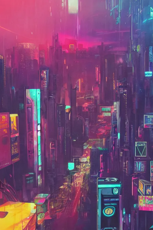 Prompt: cyberpunk city, painted by Danny Flynn and Kevin Wasden,trending on artstation, simple lighting camera view from above,Eraserhead ,vaporwave ,60s kitsch and psychedelia ,oil and canvas ,Blade Runner 2049 ,