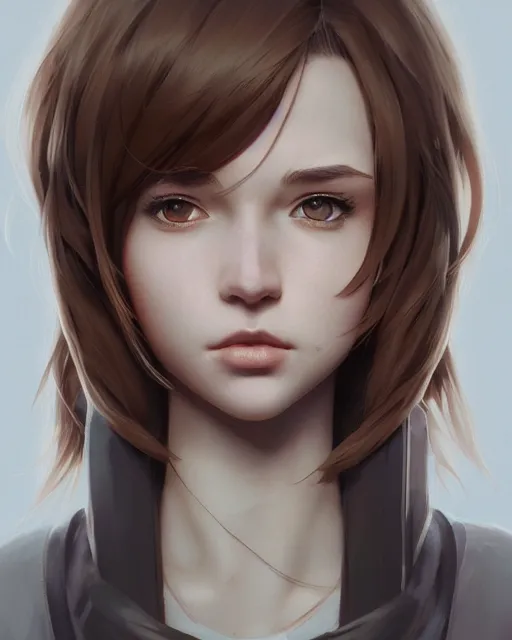 Image similar to potrait bust of young woman archer length light brown hair and hazel eyes, beautiful, symmetrical, anime, ilya kuvshinov, greg rutkowski, guweiz, ross tran, loish, svetlana tigai, artgerm, artstation trending, concept art, digital painting