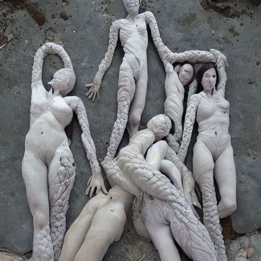 Image similar to dmt bodies. Mesh of human figures intertwined. earthen colors. Beautiful, realistic, extremely anatomical marble sculptures. Disturbing scene. Tangled human forms. A sea of bodies sculpted by August Rodine.