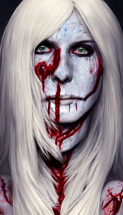 Image similar to skeleton covered with blood, jessica nigri face!!, highly detailed face, long white hair, beautiful blue eyes, black heavy eyeliner, ultra realistic, concept art, intricate details, photorealistic, octane render, 8 k, unreal engine. retro film still, heavy grain, 3 5 mm, art by artgerm and greg rutkowski and alphonse mucha