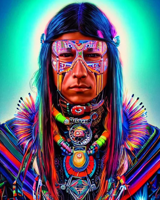 Prompt: colorful portrait of a futuristic native american indigenous hippie with cybernetics | highly detailed | very intricate | symmetrical | professional model | cinematic lighting | award - winning | painted by rossdraws and wlop and artgerm | pan futurism, dystopian, bold psychedelic colors, cyberpunk, anime aesthestic | featured on artstation