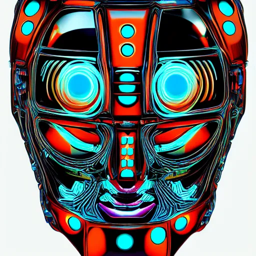 Prompt: hyperdetailed portrait of a psychedelic cyberpunk robot head, 8 k, symetrical, halluzinogenic, meditative, vector art, black background