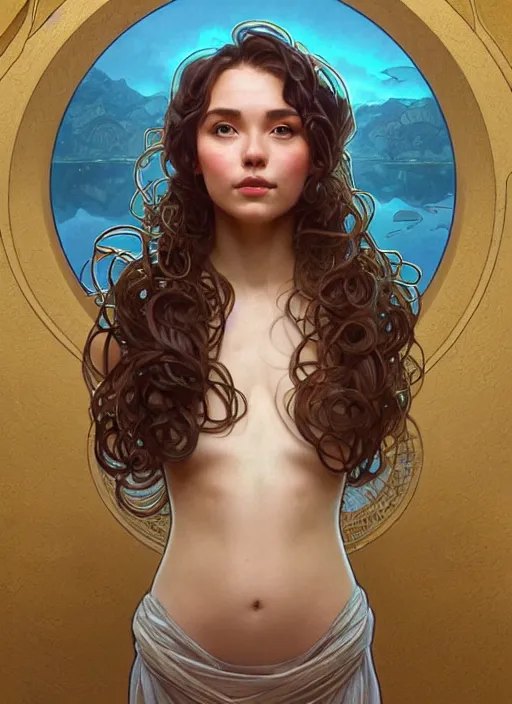 Prompt: full body portrait of a woman posing, short wavy hair, round face, cottagecore!!, inside water, intricate, enlightened, highly detailed, digital painting, artstation, concept art, smooth, sharp focus, illustration, art by artgerm and greg rutkowski and alphonse mucha