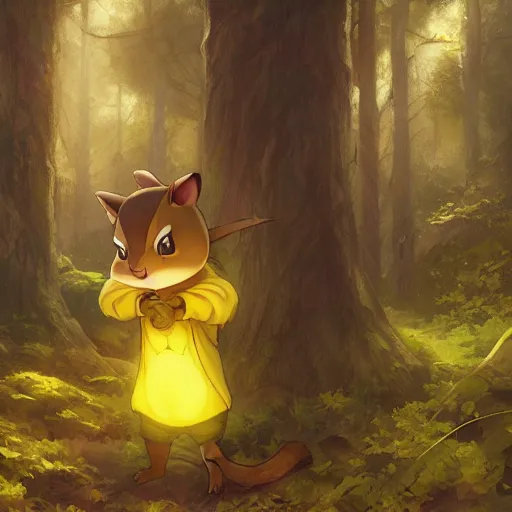 Image similar to concept art painting of an anthropomorphic anime chipmunk wearing a yellow cloak, holding a lantern, in the deep forest, realistic, detailed, cel shaded, in the style of makoto shinkai and greg rutkowski and james gurney