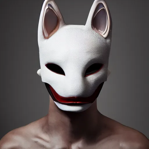 Prompt: an slim athletic beautiful male alien with ombre colored skin wearing a futuristic kitsune mask, photographed by erwin olaf for a fine art gallery