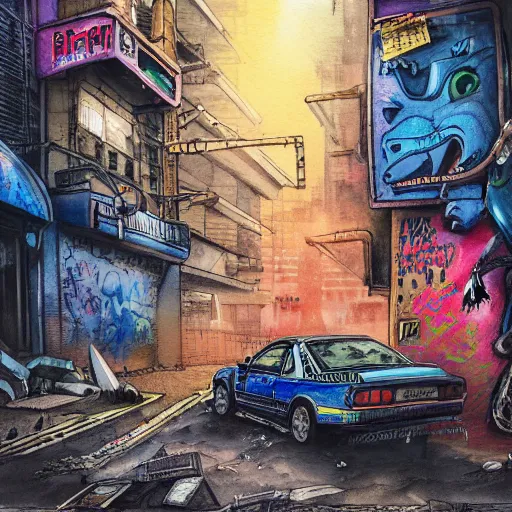 Image similar to hyper-detailed, intricate, full colour watercolor of a mecha dinosaur standing at a ghetto street corner with graffiti in the background, night, city, dark, cyberpunk, 240z, r34, impreza