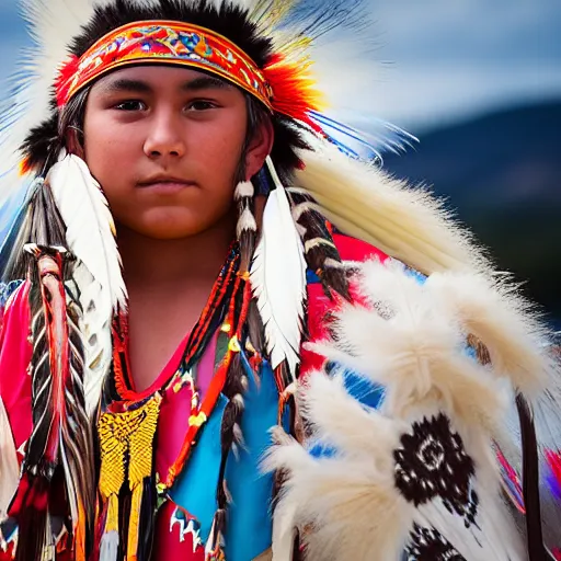 Prompt: portrait of young Native American warrior in pow wow regalia