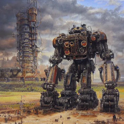 Prompt: oil painting of a huge rusting mech, that resembles a mechanical gorilla, highly detailed, complex, intricate by james gurney