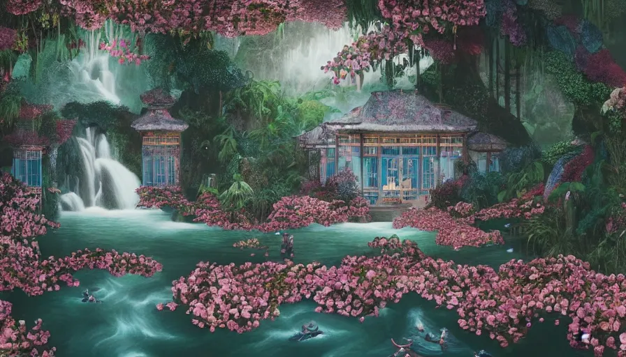 Image similar to James Jean painting of a 35mm film still of a very surreal magical European castle cafe in a lush waterfall garden, falling cherry blossoms pedals, in the style of Gucci and Wes Anderson glowing lights and floating lanterns, foggy atmosphere, rainy, moody, muted colors, magic details, very detailed, 8k, cinematic look