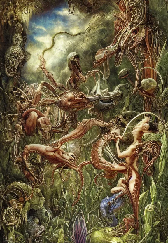 Prompt: simplicity, elegant, muscular animals, human babies, botany, orchids, radiating, colorful mandala, psychedelic, overgrown garden environment, by h. r. giger and esao andrews and maria sibylla merian eugene delacroix, gustave dore, thomas moran, pop art, biomechanical xenomorph, art nouveau, haunting