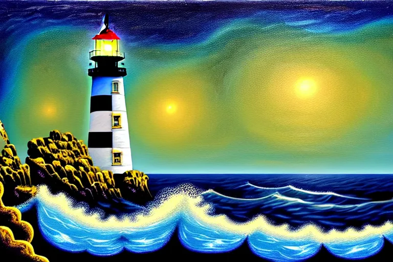 Prompt: a painting of a lighthouse built on seashore rocky cliff with waves crashing into the rocks and sea birds flying on a starry night, in the style of benoit b. mandelbrot, digital art