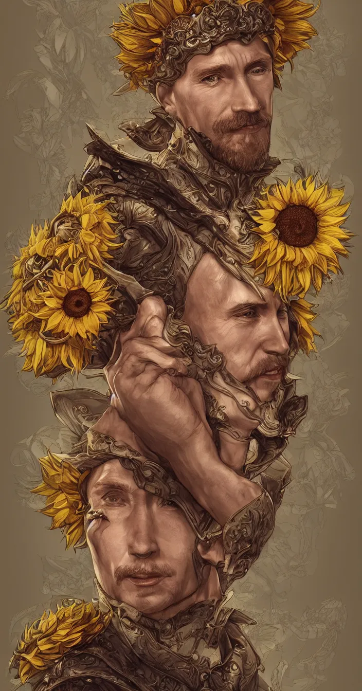 Image similar to digital art, centered full body of young any old Putin smiling king, Sunflower crown, ,intricate, veins, by James Jean and by artgerm , by ross tran ultradetailed, charachter design, concept art, trending on artstation,