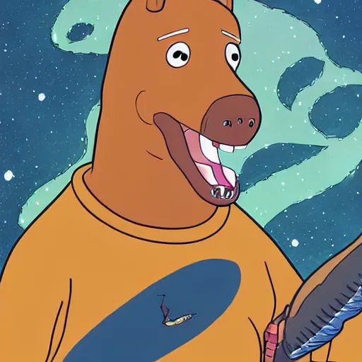 Image similar to Bojack Horseman riding a whale in space, beautiful digital art, trending on artstation, Bojack Horseman