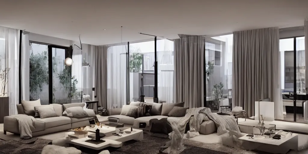 Image similar to Modern interior design apartment duplex with big windows at night detailed soft tones