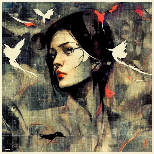 Prompt: portrait of a daydreaming woman being progressively rasterized into pixels, surrounded by digital birds, by yoji shinkawa, esao andrews and dave mckean