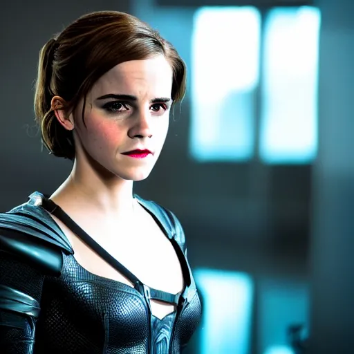 Image similar to Emma Watson as Catwoman, XF IQ4, f/1.4, ISO 200, 1/160s, UHD, detailed, Sense of Depth, Depth Layering, AI enhanced, HDR, in-frame