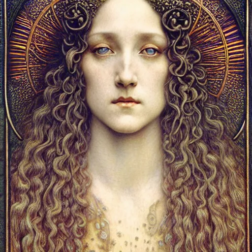 Image similar to detailed realistic beautiful young medieval queen face portrait by jean delville, gustave dore and marco mazzoni, art nouveau, symbolist, visionary, gothic, pre - raphaelite, art forms of nature by ernst haeckel