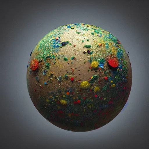 Image similar to 3 d render of a sphere being covered by extremely detailed splatters of abstract paint, miniature earth, pascal blanche, surreal, beksinski, high detailed, volumetric lighting, octane render