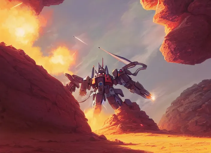 Image similar to mobile suit gundam robot firing alien robots on planet mars, unreal engine, fantasy art by greg, loish, rhads, ferdinand knab, tom bagshaw, makoto shinkai and lois van baarle, rossdraws, ilya kuvshinov, night lighting, trending on studio ghibli, highly detailed, 8 k, octane render