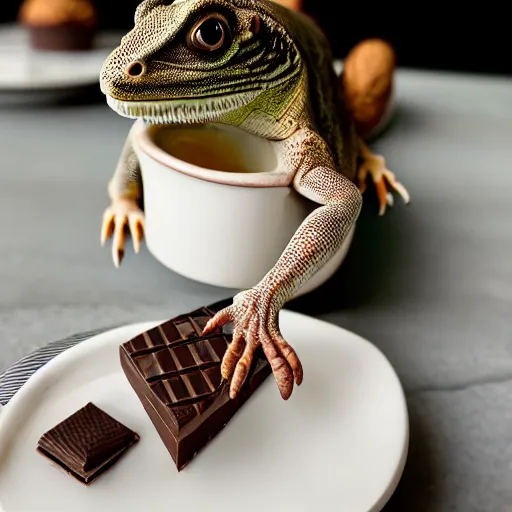 Image similar to lizard eating a cinematic dramatic lights movie shot of ultra realistic photo of a cup full of sweet goloso pasticceria chocolate ice cream cake with a coffee - praline twist cream bigne in with rich details in luxury cup and plates