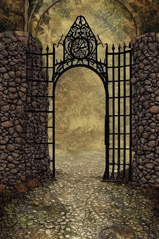 Prompt: beautiful digital painting high quality heavy iron gothic gate in the woods cobblestone ground by Richard Corben, ,artstation behance