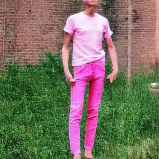 Image similar to bald skinny man in a pink t - shirt and pink pants, a colorized photo by hinchel or, tumblr, fantastic realism, colorized, handsome, da vinci