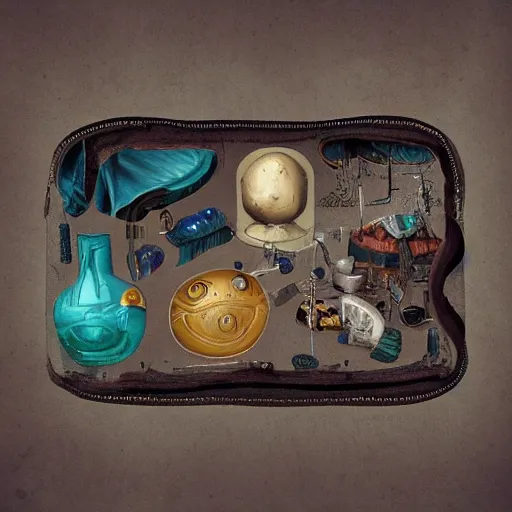 Prompt: An alien universe inside ampoules and alambics in a surreal ancient doctor's bag, trending on artstation - n 9