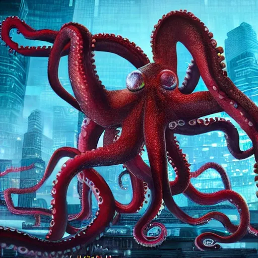 Image similar to Illustration of the Chinese communist party as a dirty octopus with lots of tentacles, dystopian, dirty, cyberpunk, cgsociety, highly detailed, 8k