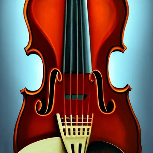 Image similar to anthropomorphic violin, oil painting, artstation, dramatic lighting, symmetry, beautiful