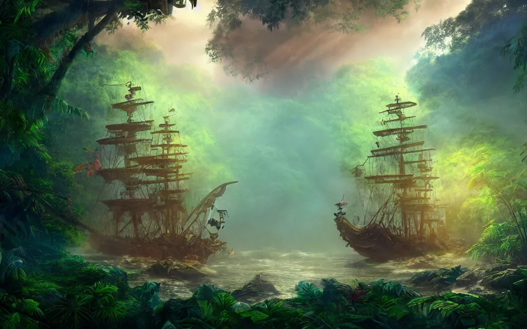 Image similar to a large pirate ship in a dense jungle, misty background, light rays, beautiful lighting, vivid colors, intricate, elegant, highly detailed digital painting, concept art, smooth, sharp focus, unreal engine, 4 k wallpaper, trending on cgsociety, trending on artstation