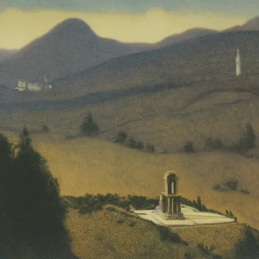 Image similar to observatory, temple, mountains by Fernand Khnopff