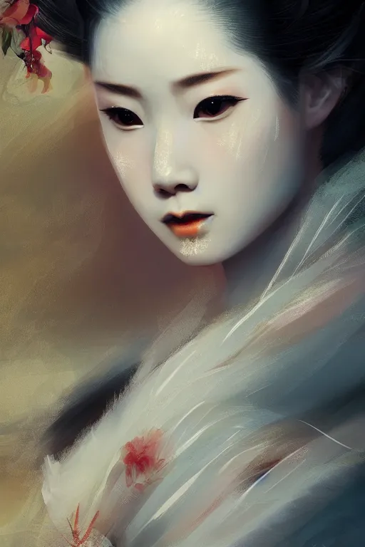 Image similar to geisha prima ballerina, gorgeous, ethereal, close - up portrait, intricate, elegant, volumetric lighting, scenery, digital painting, highly detailed, tutu, artstation, sharp focus, illustration, concept art, ruan jia, steve mccurry