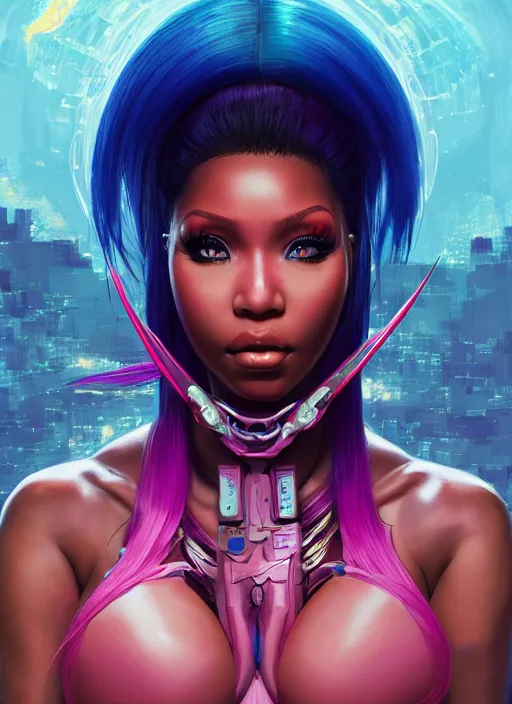 Image similar to nicki minaj, evangelion, au naturel, hyper detailed, digital art, trending in artstation, cinematic lighting, studio quality, smooth render, unreal engine 5 rendered, octane rendered, art style by klimt and nixeu and ian sprigger and wlop and krenz cushart