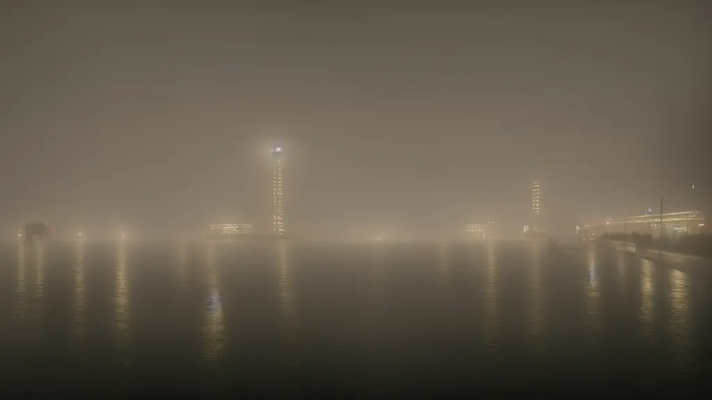 Image similar to photograph of a foggy underwater city at night by henri prestes, 4 k resolution