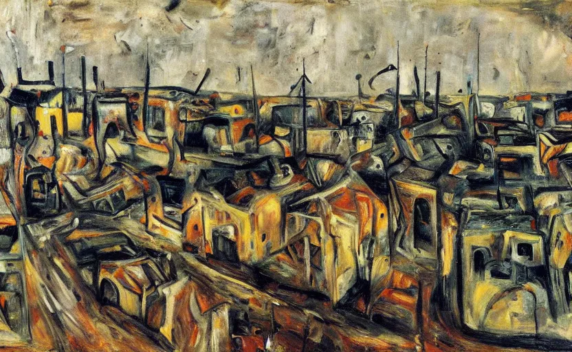 Image similar to a small dying suburban cityscape in style of Chaim Soutine and Frank Auerbach