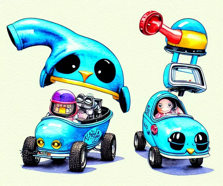 Image similar to cute and funny, penguin wearing a helmet riding in a tiny hot rod with an oversized engine, ratfink style by ed roth, centered award winning watercolor pen illustration, isometric illustration by chihiro iwasaki, edited by range murata, tiny details by artgerm and watercolor girl, symmetrically isometrically centered, sharply focused