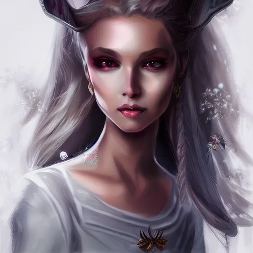 Image similar to fantasy magic fashion girl portrait, sci - fi, glossy eyes, face, long hair, fantasy, intricate, elegant, highly detailed, digital painting, artstation, concept art, smooth, sharp focus, illustration