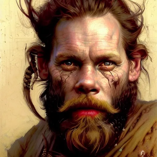 Image similar to highly detailed portrait of a poor smith in the form of a beautiful male dwarf with red beard. d & d. art by donato giancola, eugene delacroix, ruan jia, carl larsson, peter mohrbacher. trending on artstation, intricate details, energetic composition, concept art, illustration, global illuminaition, face of kevin bacon